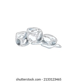 Melting ice cubes pile in hand drawn sketch style, vector illustration isolated on white background. Frozen elements for drink refreshment.