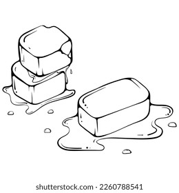 Melting ice cubes. Vector illustration in hand drawn sketch doodle style. Line art ice with wet drops and liquid water around isolated on white. Element for coloring book, design, print.