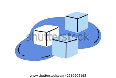Melting ice cubes with wet water puddle. Thawing icy blocks, warming defrosting defreezing hot temperature. Frozen cold icecubes, liquid. Flat graphic vector illustration isolated on white background Stock photo © 