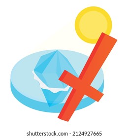 Melting iceberg icon isometric vector. Glacier melting under sun, crossed sign. Stop global warming, climate change, environmental problem