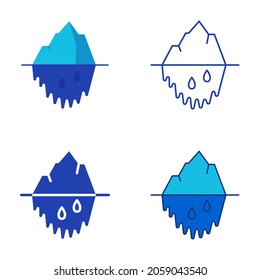 Melting iceberg icon set in flat and line style. Global warming concept. Glacier turning to water. Vector illustration.