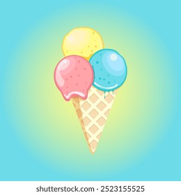 Melting ice-cream and waffle cone.Tasty and delicious summer dessert in cartoon style.	
