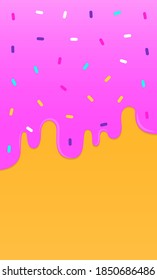 Melting icing Vector illustration with copy space Donut with pink glaze and colorful sprinkles in cartoon style