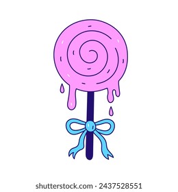 Melting lollipop doodle vector illustration. Hand drawn colorful candy with bow and ribbon. Isolated food art on white background. For sweet shop kids party design