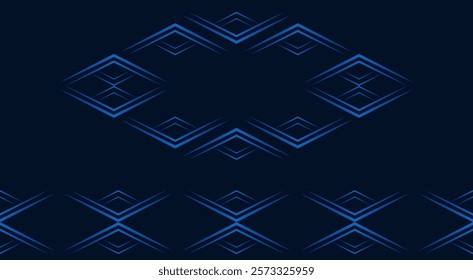 Melting magic ornamental set of design elements. Set of seamless border and single pattern. Blue sharp rays on on dark blue background. Monochrome ornament of rhombuses. Delicate decor for clothes