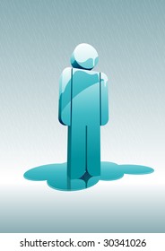 hombre derritiéndose bajo la lluvia. Ilustración vectorial 3d. Los elementos se clasifican por separado en el archivo vectorial. Fácil de editar.