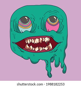melting monster face with colorful eyes