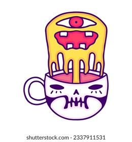 Melting monster and skull mug, illustration for t-shirt, sticker, or apparel merchandise. With doodle, retro, and cartoon style.