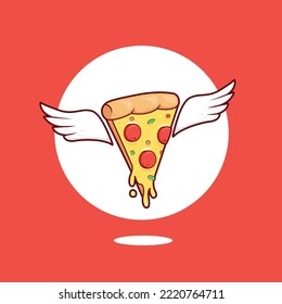 melting mozzarella cheese pizza slice with wing illustration logo icon. slice of pizza wing illustration