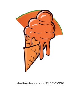 Melting papaya ice cream balls in the waffle cone and slice isolated on white background. Vector flat outline icon. Comic character in cartoon style illustration for design