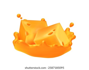 Melting pieces of cheese isolated on white background. Vector realistic illustration of molten cheesy splash and drops, delicious sauce for pizza, pasta or salad, Italian cuisine cooking ingredient