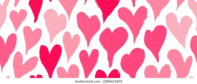 Melting pink hearts seamless banner design. Retro seamless pattern for Valentine's day holiday. Brush drawn red colored romantic hearts. Vector banner background in hippie retro style.