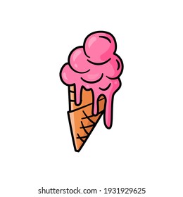 Melting pink ice cream balls in a waffle cone isolated on a white background. The vector contours icon. illustration for t-shirt design