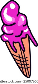 Melting pink ice cream balls in the waffle cone