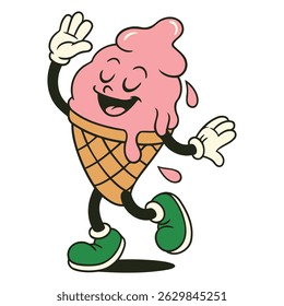 Melting pink ice cream cone character with a joyful expression and closed eyes, adding a cute and summery touch to dessert-themed creative projects.