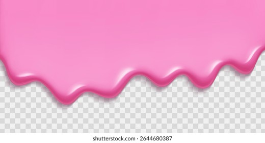 Melting pink ice cream flowing on transparent backdrop - glossy strawberry liquid drip with wavy edges. Sweet frozen dessert melt for candy graphics, food packaging or summer treat illustrations.