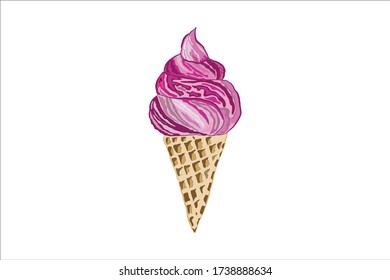Melting pink  ice cream in the waffle cone isolated on white background. Vector flat outline icon.Cute cartoon style illustration for product design
