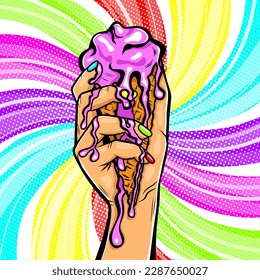 Melting pink ice cream in a waffle cone in female hand on a colored background, vector pop art fashion illustration