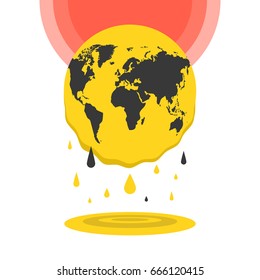 Melting planet Earth. Concept global warming. Flat cartoon style. Vector illustration.