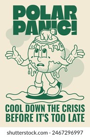 Melting of Polar Ice Caps Poster with Earth Retro Mascot Illustration Outline Version