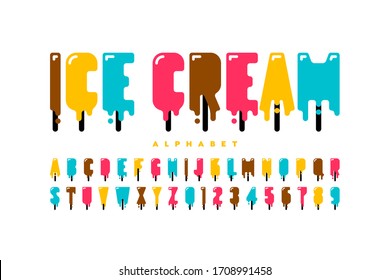 Melting Popsicle ice cream font, alphabet letters and numbers vector illustration