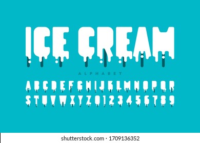 Melting Popsicle ice cream font, alphabet letters and numbers vector illustration