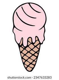 Melting popsicle. Ice cream in the form of a pink ball. Crispy waffle cone. Color vector illustration. Isolated background. Cartoon style. Sweet refreshing dessert. Summer mood. Idea for menu