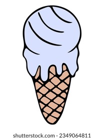 Melting popsicle. Ice cream in the form of a blue ball. Crispy waffle cone. Color vector illustration. Isolated background. Cartoon style. Sweet refreshing dessert. Summer mood. Idea for menu