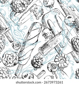 Melting popsicle ice lolly with raspberry blueberry berry juice splash, water waves and droplets. Vector graphic seamless pattern illustration hand drawn in ink, line sketch. Product wrap, eco menu