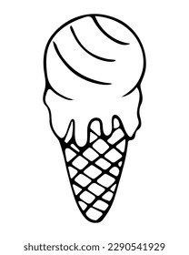 Melting popsicle. Sketch. Ice cream in the form of a ball. Crispy waffle cone. Vector illustration. Outline on isolated background. Doodle style. Sweet refreshing dessert. Summer mood. Idea for menu