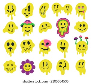 Melting psychedelic smiling faces, dripping groovy characters. Crazy graffiti smile emoji, facial expressions vector illustration set. Dripping smiling emoji faces. Smile psychedelic emoji melting