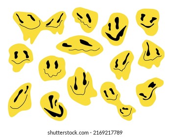 Melting psychedelic smiling faces, dripping groovy characters. Crazy graffiti smile emoji, facial expressions vector illustration set. Dripping smiling emoji faces. Smile psychedelic emoji melting EPS