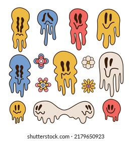 Montaje de caras sonrientes psicodélicas, coloridos personajes ondulantes. Emoji de sonrisa loca, colección de expresiones faciales. Escurriendo rostros de emojis sonrientes. Ilustración del vector