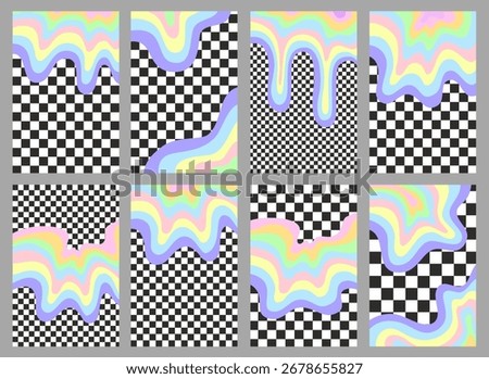 Melting Rainbow Pattern With Checkered Textures Collection. Cool Y2k Posters Set. Pop Groovy Art Placards.