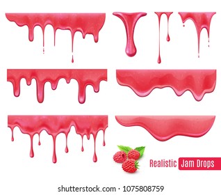 Melting raspberry jam drops realistic  set isolated vector illustration