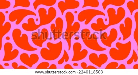 Melting red love heart seamless pattern illustration. Retro psychedelic romantic background print. Valentine's day holiday backdrop texture, liquid romantic shape wedding wallpaper design.