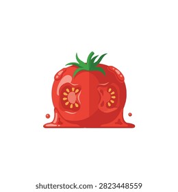 Melting Red Tomato Illustration with Dripping Liquid Sauce and Visible Seeds on White Background