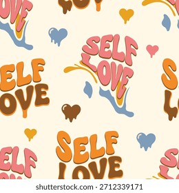 Melting self love seamless pattern. Retro wavy text typography vector flat design with liquid letters for 70s groovy font background and psychedelic valentine.
