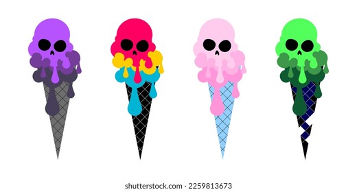 Melting skull ice cream. Gothic ice cream design for Halloween. Hand drawing illustration isolated on white background. Vector EPS 10