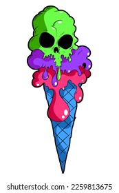 Melting skull ice cream. Gothic ice cream design for Halloween. Hand drawing illustration isolated on white background. Vector EPS 10