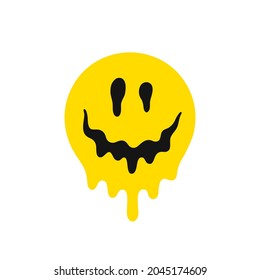 Melting smile. Dripping smile. Smile icon. Yellow smile. Good mood. Positive emoji. Flowing liquid. Paint splatter. Molten. Sad face. Vector emoji. Emoji face. Face symbol. Positive emoji. Happy face.