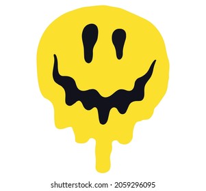 Melting smile. Dripping smile. Smile icon. Yellow smile. Good mood. Positive emoji. Flowing liquid. Paint splatter. Vector emoji. Emoji face. Face symbol. Positive emoji. Happy face.