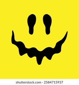 Melting smile. Dripping smile. Yellow smile. Smile on yellow background. Easy to edit colors. Good mood. Positive emoji. Flowing liquid. Paint splash. Melting. Happy face.