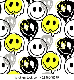 Melting smile emoji icons seamless pattern. Melted funny yellow smile face. Dripping smile. Good mood positive emoji