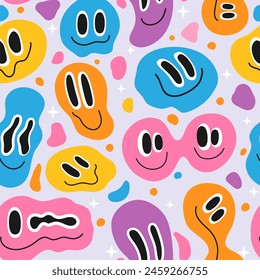 Melting smile face. Trippy melted psychedelic emoji seamless pattern. Abstract surreal happiness expression portrait. Cartoon funny liquid faces texture. Colorful vector print. Smiling characters