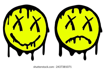 A melting smile. Funny melt smile face. Melted smile face and a sad face in trippy acid rave style isolated on white. Psychedelic quirky cartoon face set. Urban graffiti style vector design element