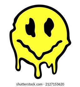 Melting smile. Funny psychedelic surreal techno acid LSD melt smile face logo. Dripping smile. Good mood. Positive emoji. Molten. Sad face. Vector emoji. Emoji face. Face symbol. 