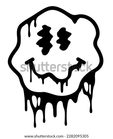 Melting smile. Graffiti style. Distorted melting smile face.  Grunge vector illustration. Funny psychedelic surreal techno acid LSD melt smile face logo. Dripping smile. Good mood. Dripping smiley.