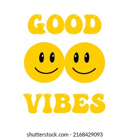 Melting smile lettering vintage illustration. Retro psychedelic melt smile face logo. Dripping smile print with text. Good mood. Positive emoji sticker. Vector groovy emoji face. Face symbol.