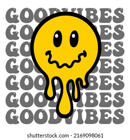 Melting smile lettering vintage illustration. Retro psychedelic melt emoji face. Dripping smile print with text. Vector groovy positive emoji sticker.